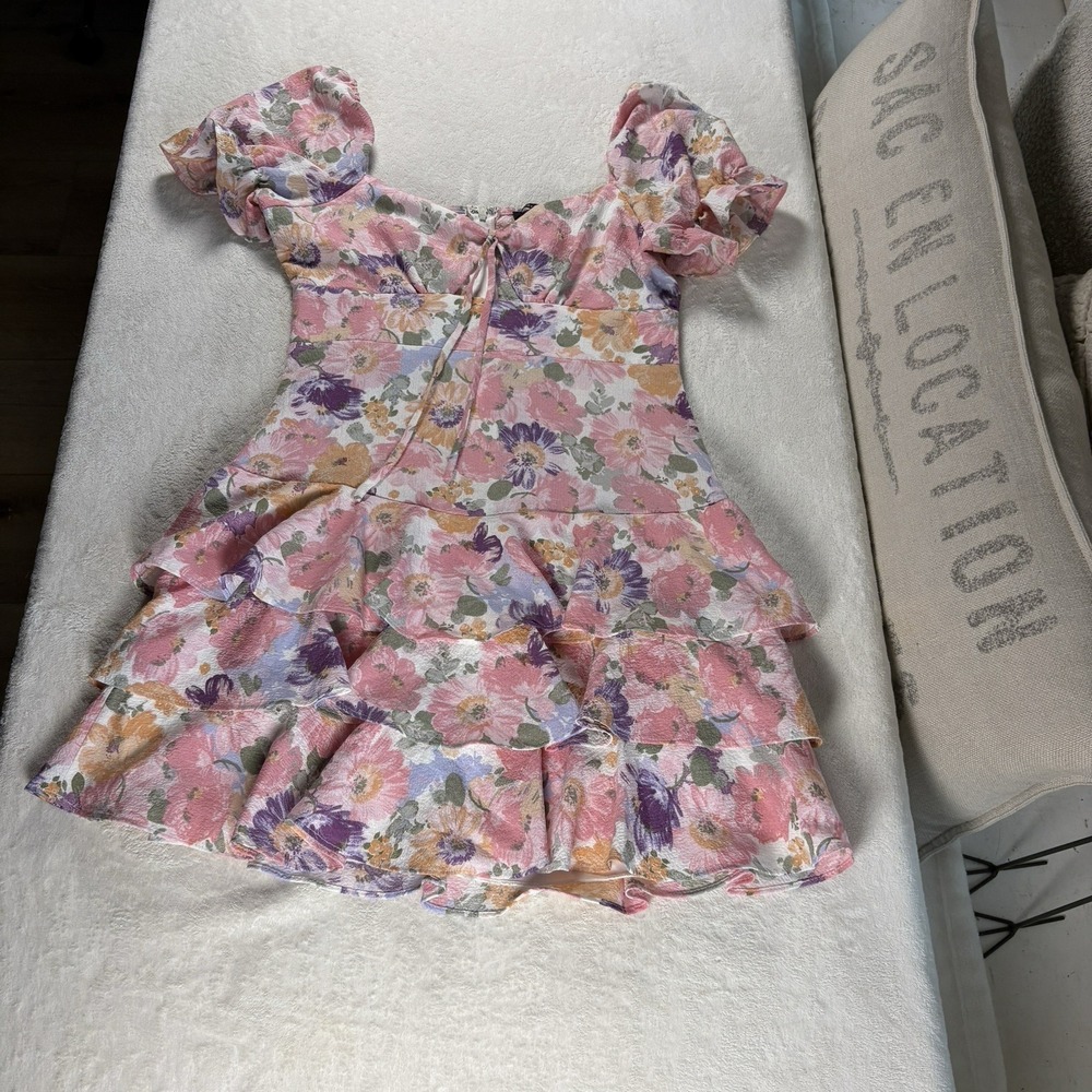 City Studio Floral Mini Dress Size 9 Pink Puff Sleeve Fit Flare Tiered